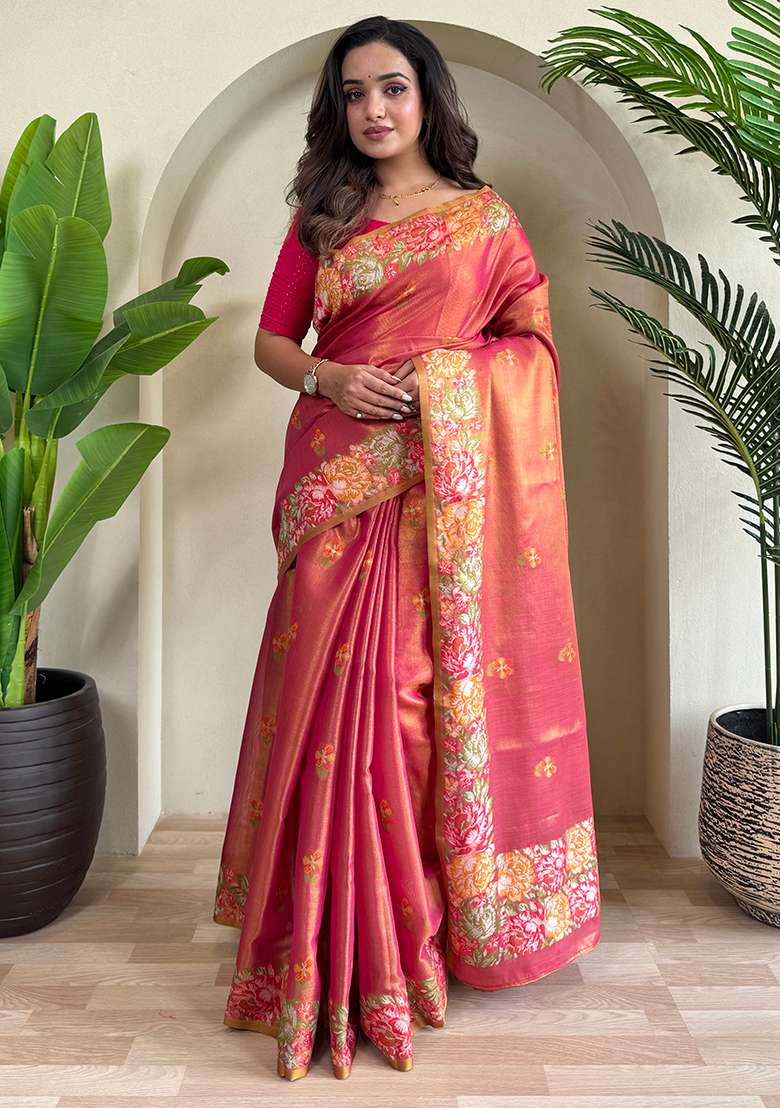 Pink Jacquard Zari Weaving Design Pure Tissue Silk Weaving Saree Set With Blouse - Indya