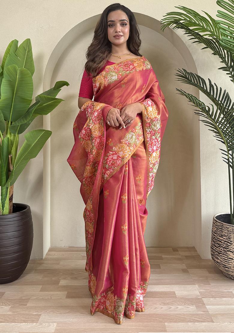 Pink Jacquard Zari Weaving Design Pure Tissue Silk Weaving Saree Set With Blouse