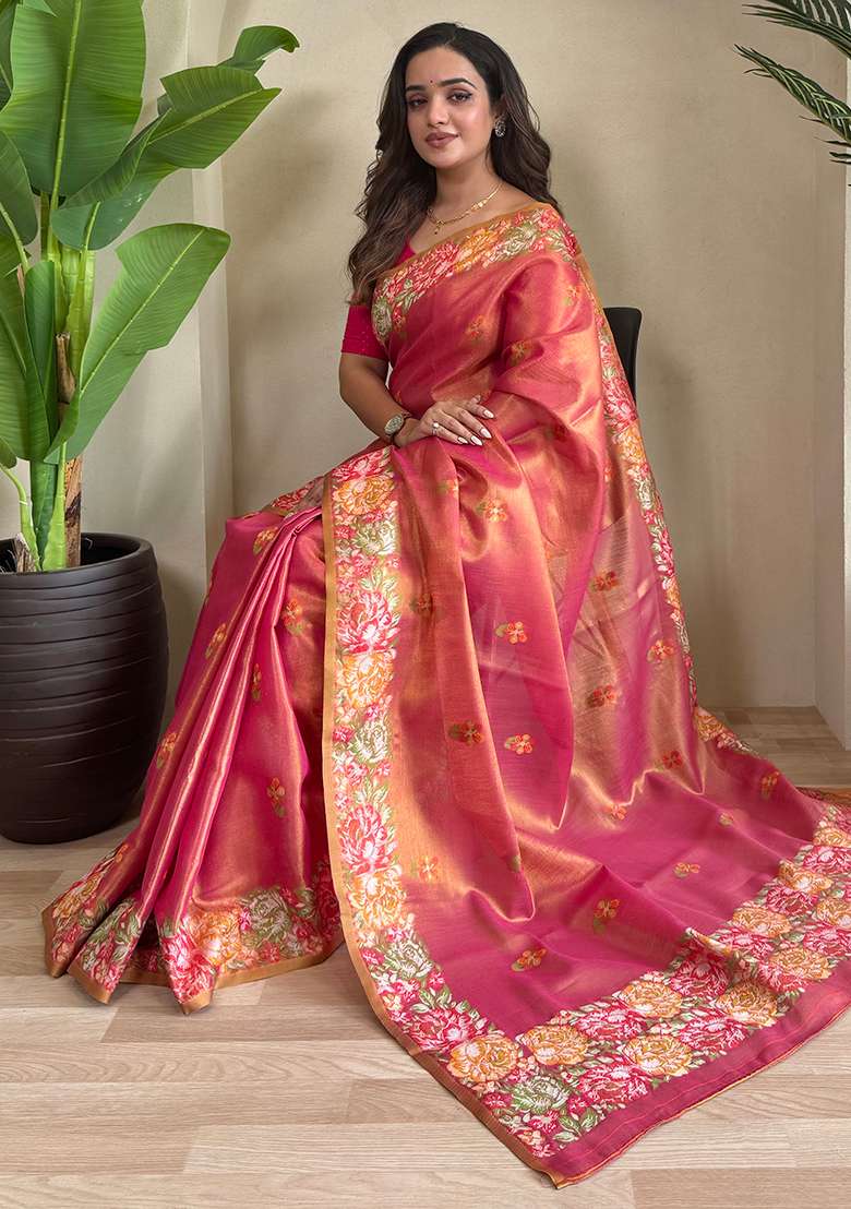 Pink Jacquard Zari Weaving Design Pure Tissue Silk Weaving Saree Set With Blouse - Indya