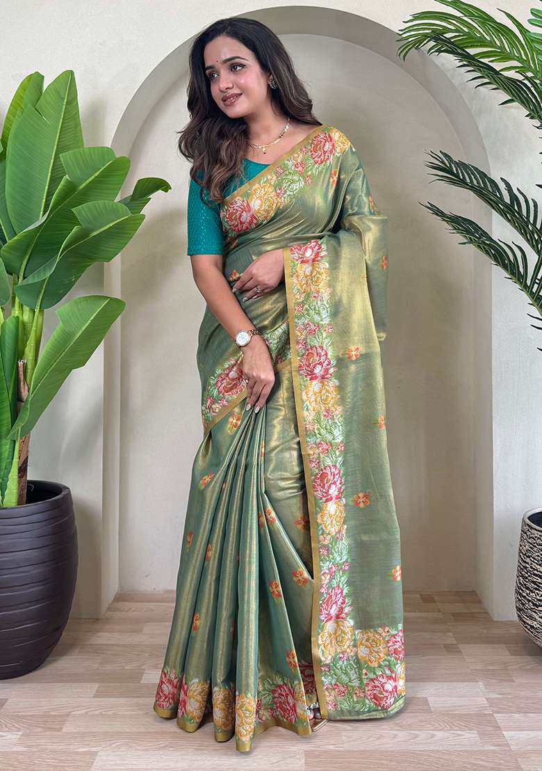 Pista Green Jacquard Zari Weaving Design Pure Tissue Silk Weaving Saree Set With Blouse - Indya
