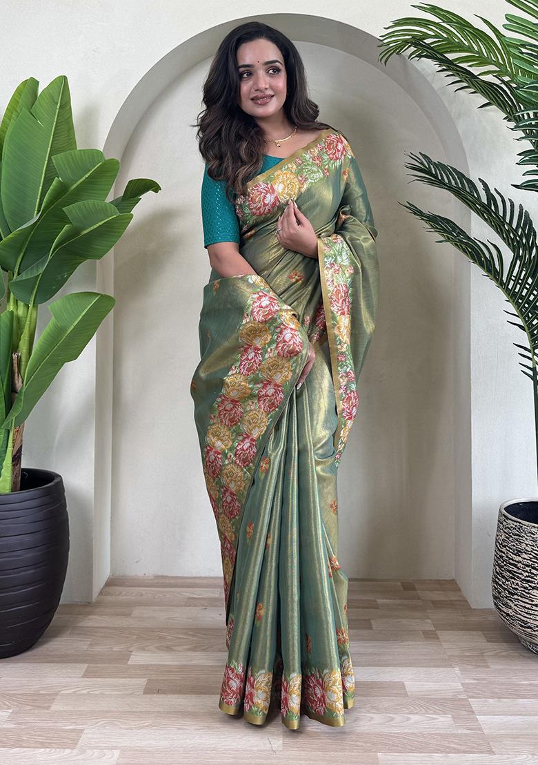 Pista Green Jacquard Zari Weaving Design Pure Tissue Silk Weaving Saree Set With Blouse