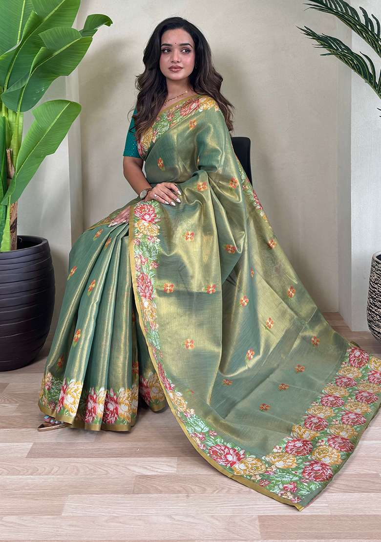 Pista Green Jacquard Zari Weaving Design Pure Tissue Silk Weaving Saree Set With Blouse - Indya