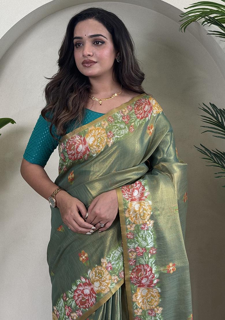 Pista Green Jacquard Zari Weaving Design Pure Tissue Silk Weaving Saree Set With Blouse