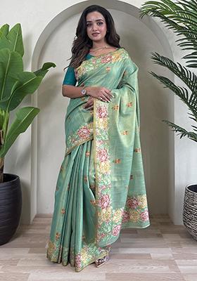 Light Green Jacquard Zari Weaving Design Pure Tissue Silk Weaving Saree Set With Blouse