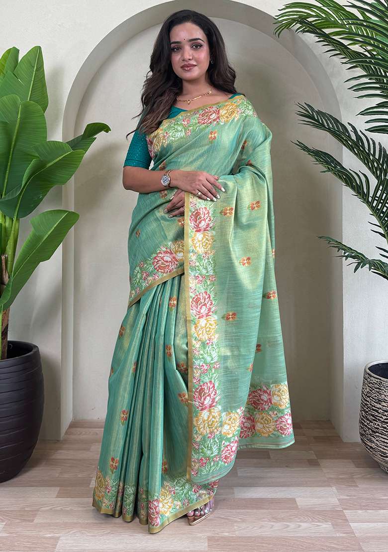Light Green Jacquard Zari Weaving Design Pure Tissue Silk Weaving Saree Set With Blouse - Indya