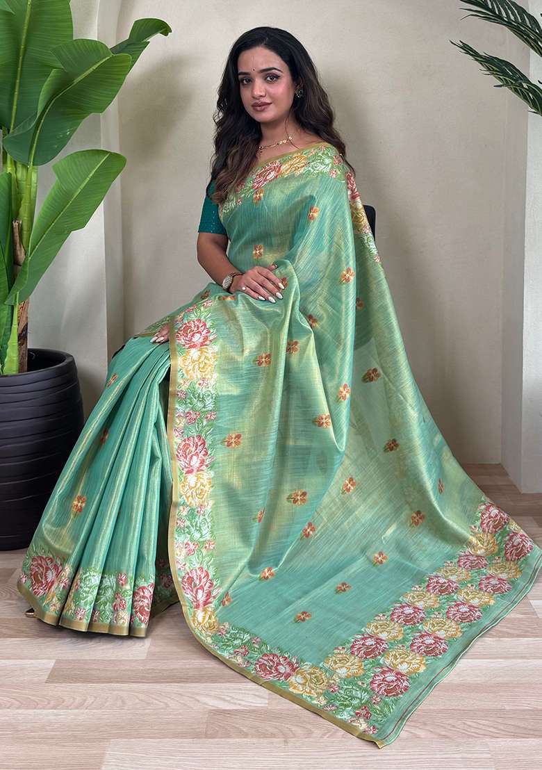 Light Green Jacquard Zari Weaving Design Pure Tissue Silk Weaving Saree Set With Blouse - Indya