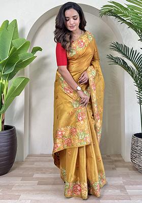 Yellow Jacquard Zari Weaving Design Pure Tissue Silk Weaving Saree Set With Blouse