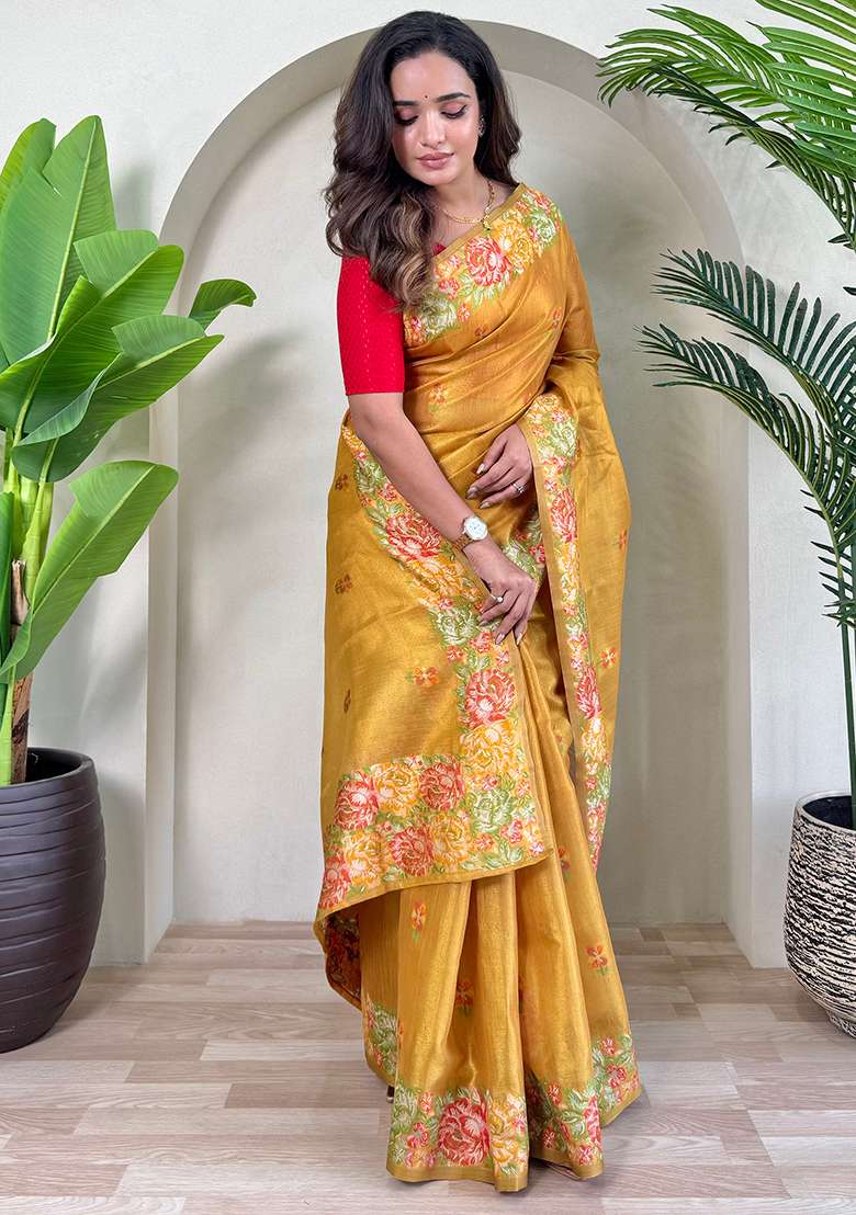 Yellow Jacquard Zari Weaving Design Pure Tissue Silk Weaving Saree Set With Blouse - Indya