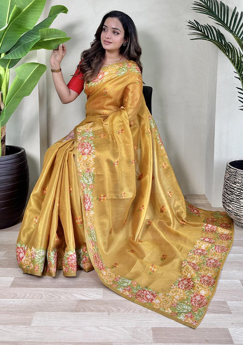 Yellow Jacquard Zari Weaving Design Pure Tissue Silk Weaving Saree Set With Blouse