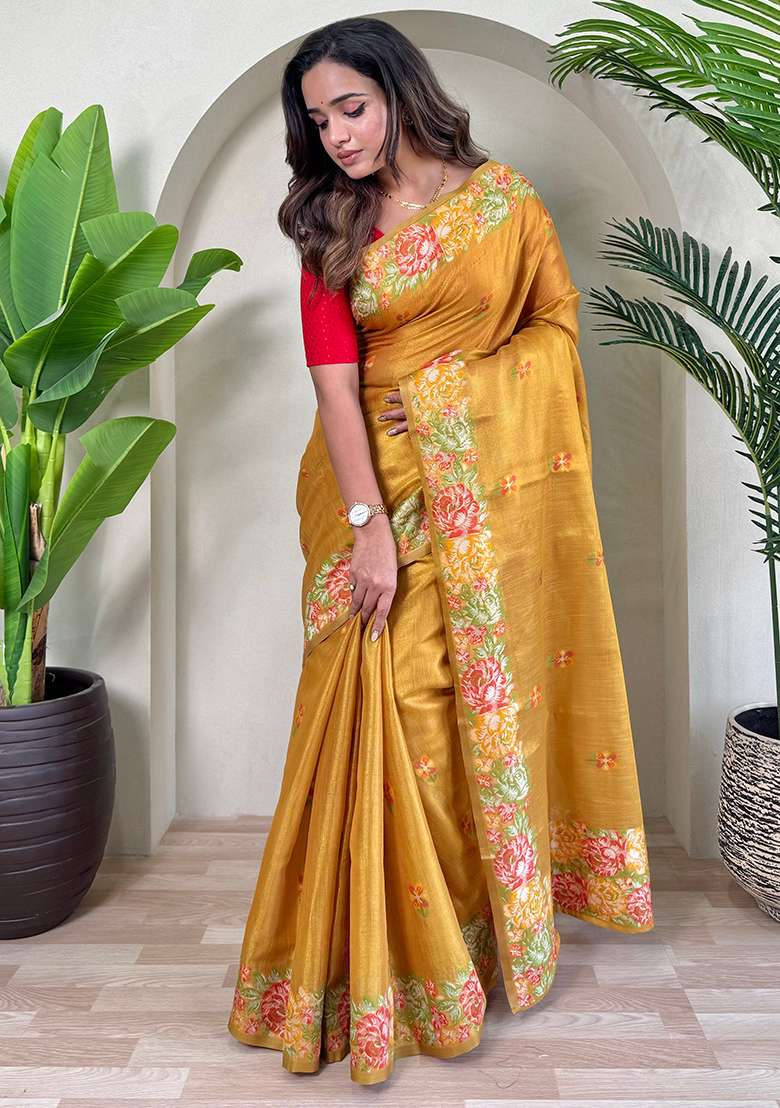 Yellow Jacquard Zari Weaving Design Pure Tissue Silk Weaving Saree Set With Blouse - Indya