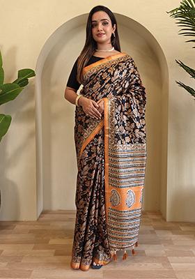 Black Digital Print Pure Dola Viscose Saree Set With Blouse