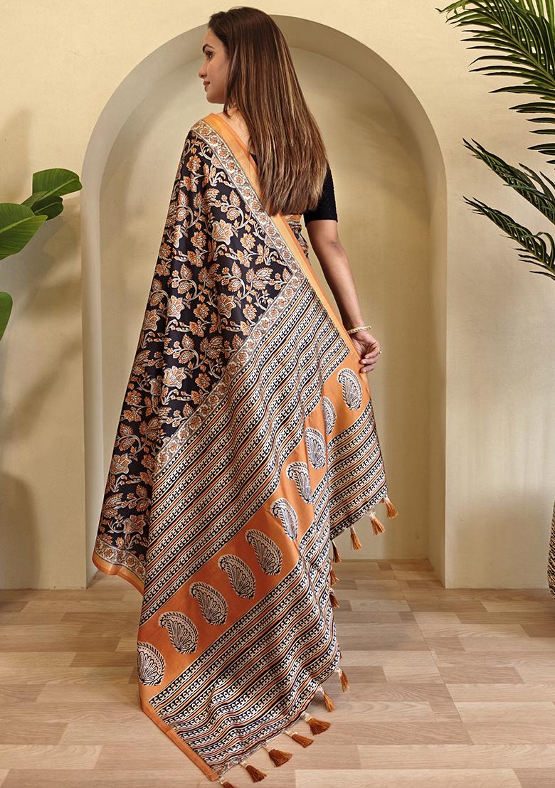 Black Digital Print Pure Dola Viscose Saree Set With Blouse