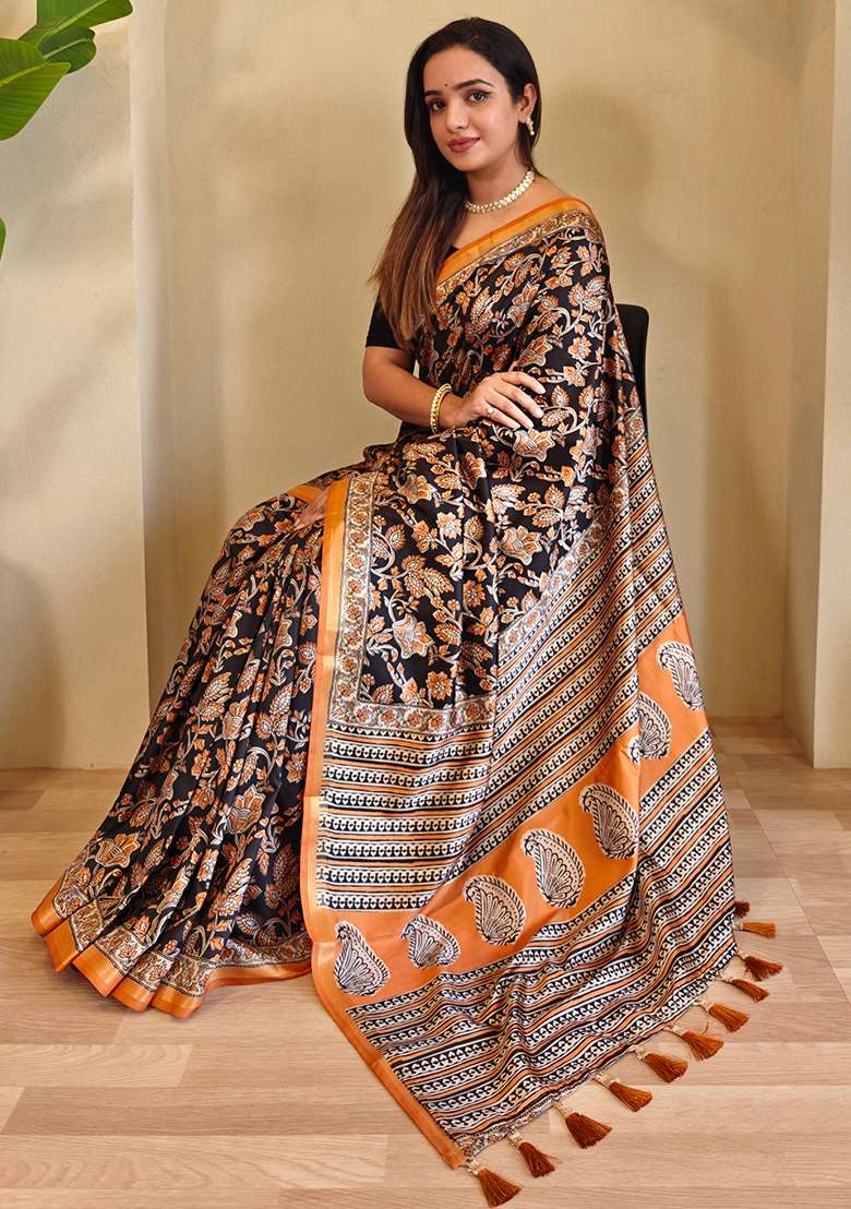 Black Digital Print Pure Dola Viscose Saree Set With Blouse - Indya