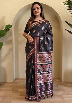 Black Digital Print Pure Dola Viscose Saree Set With Blouse