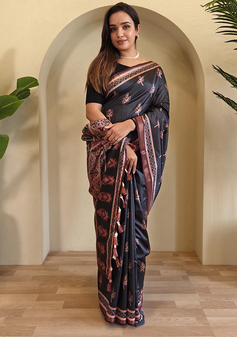 Black Digital Print Pure Dola Viscose Saree Set With Blouse