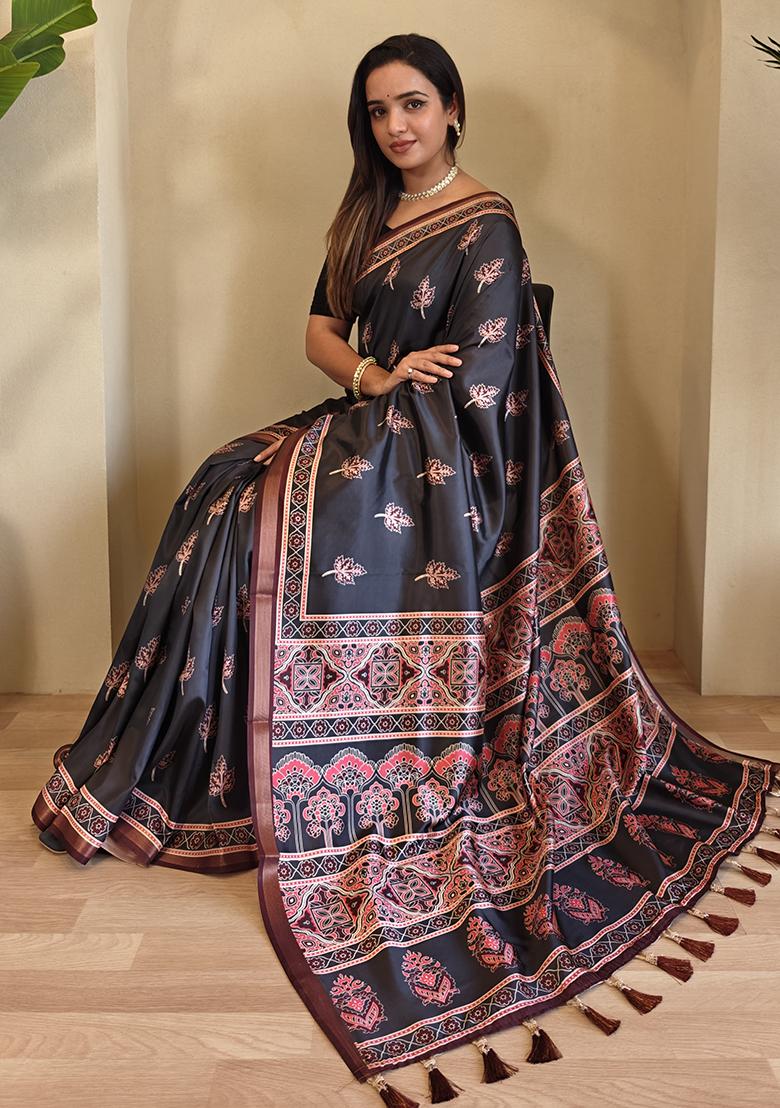 Black Digital Print Pure Dola Viscose Saree Set With Blouse