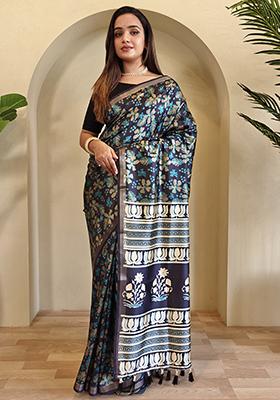 Black And Blue Digital Print Pure Dola Viscose Saree Set With Blouse