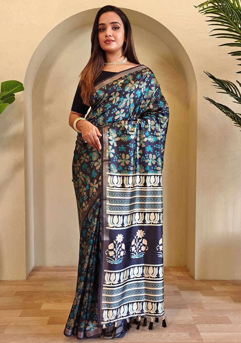 Black And Blue Digital Print Pure Dola Viscose Saree Set With Blouse - Indya