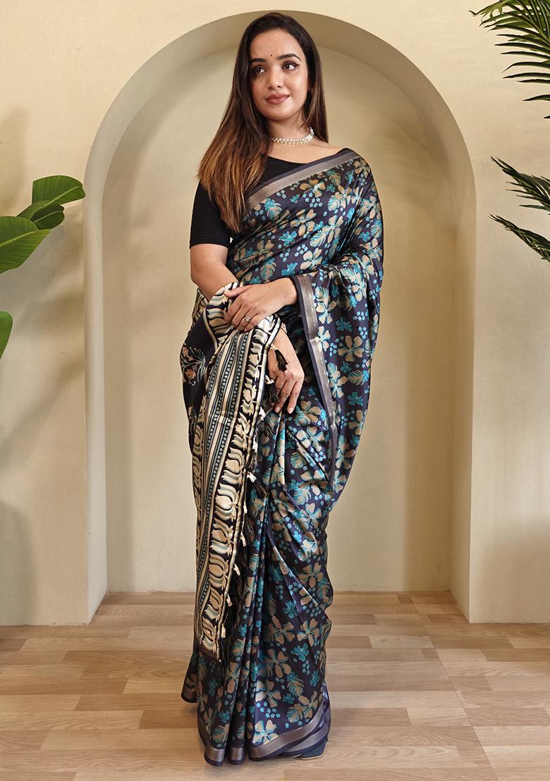 Black And Blue Digital Print Pure Dola Viscose Saree Set With Blouse