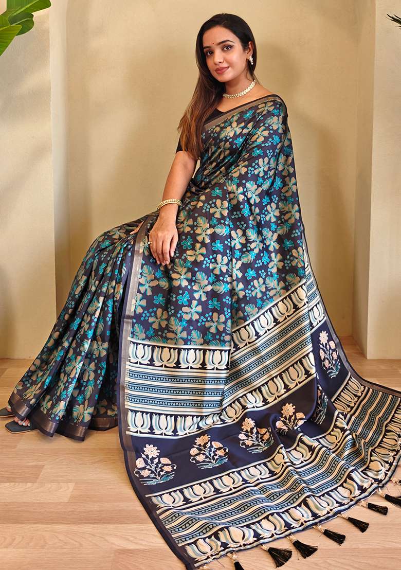 Black And Blue Digital Print Pure Dola Viscose Saree Set With Blouse - Indya