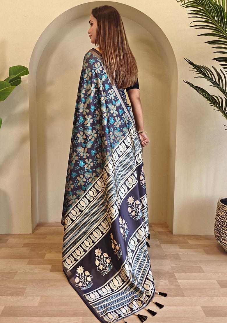 Black And Blue Digital Print Pure Dola Viscose Saree Set With Blouse