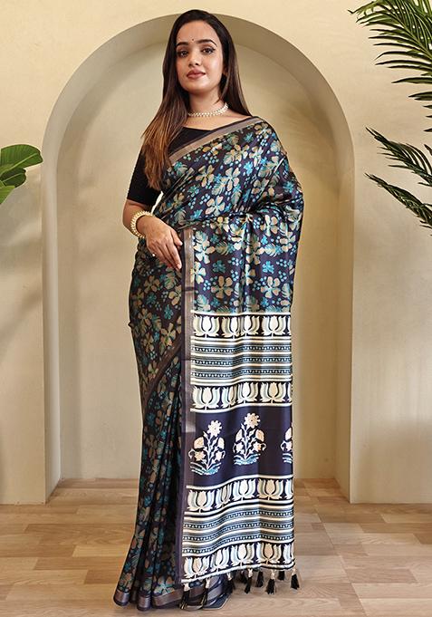 Black And Blue Digital Print Pure Dola Viscose Saree Set With Blouse
