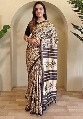 Cream Digital Print Pure Dola Viscose Saree Set With Blouse