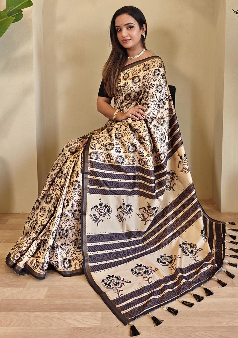 Cream Digital Print Pure Dola Viscose Saree Set With Blouse