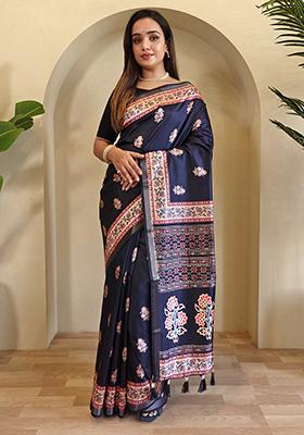 Navy Blue Digital Print Pure Dola Viscose Saree Set With Blouse