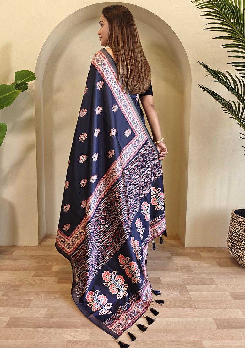 Navy Blue Digital Print Pure Dola Viscose Saree Set With Blouse