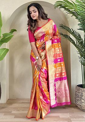 Orange Embroidered Satin Silk Saree Set With Blouse