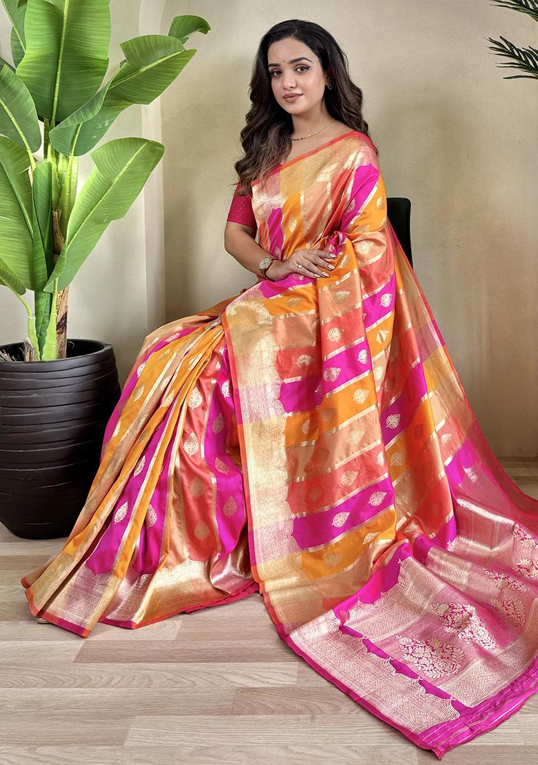 Orange Embroidered Satin Silk Saree Set With Blouse