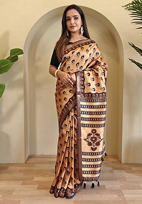 Dark Cream Digital Print Pure Dola Viscose Saree Set With Blouse