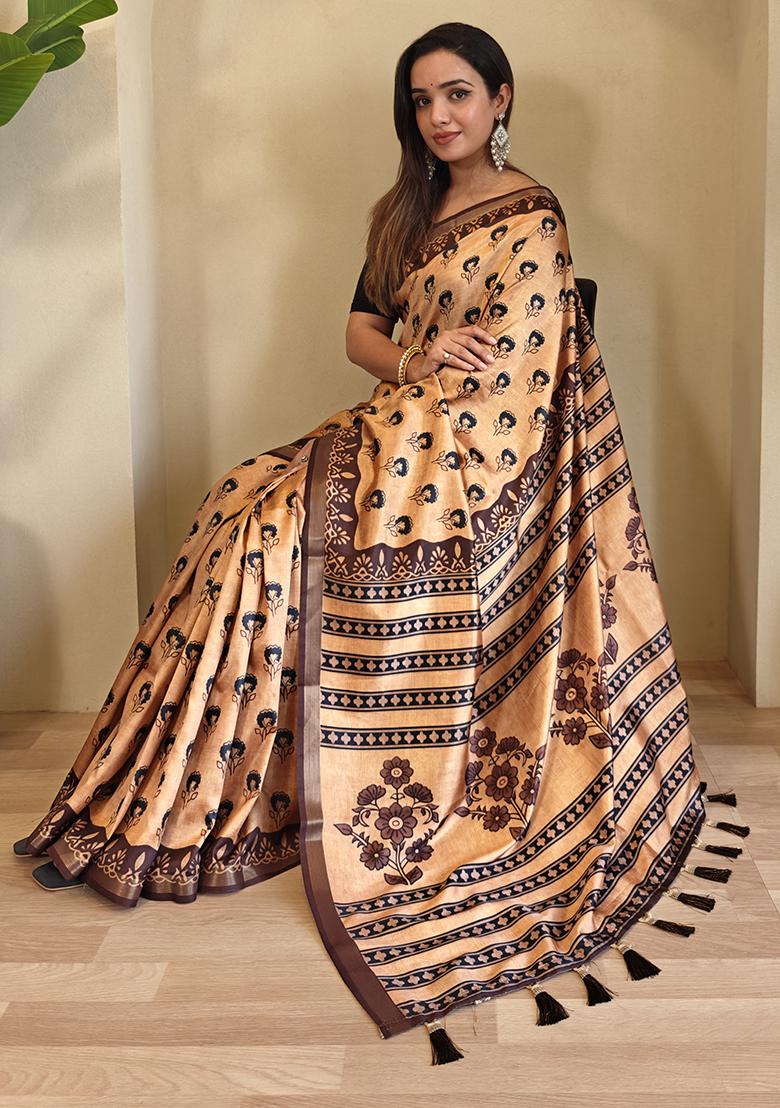 Dark Cream Digital Print Pure Dola Viscose Saree Set With Blouse