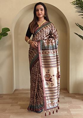 Cream Digital Print Pure Dola Viscose Saree Set With Blouse