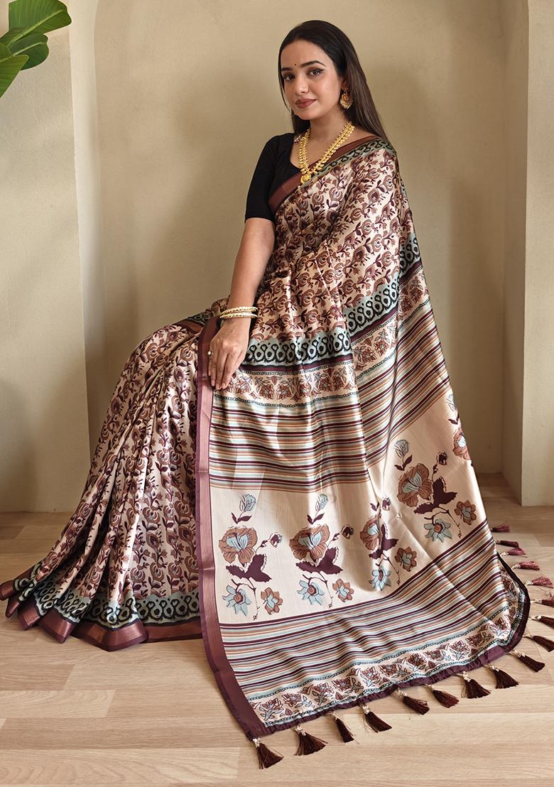 Cream Digital Print Pure Dola Viscose Saree Set With Blouse