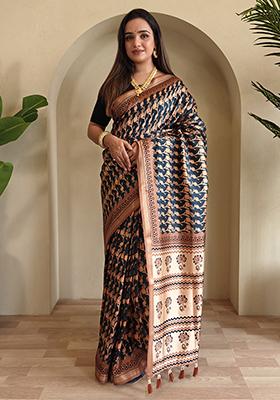 Navy Blue Digital Print Pure Dola Viscose Saree Set With Blouse