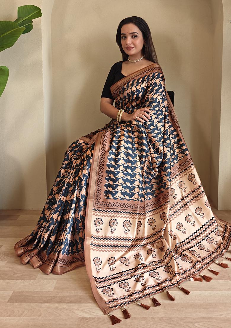 Navy Blue Digital Print Pure Dola Viscose Saree Set With Blouse