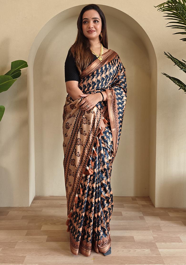 Navy Blue Digital Print Pure Dola Viscose Saree Set With Blouse