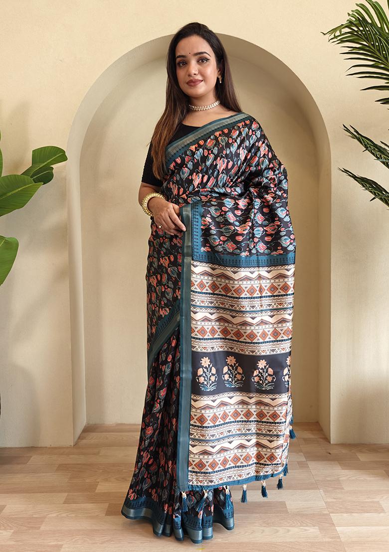 Black Digital Print Pure Dola Viscose Saree Set With Blouse