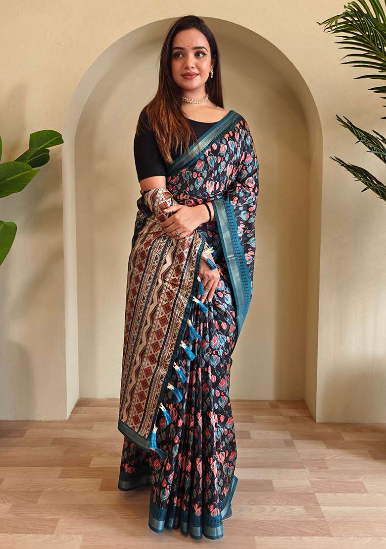 Black Digital Print Pure Dola Viscose Saree Set With Blouse - Indya