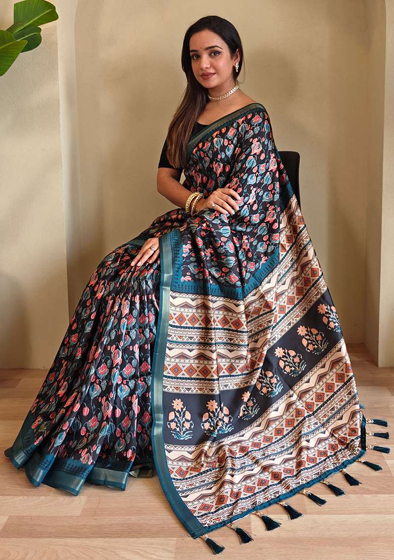 Black Digital Print Pure Dola Viscose Saree Set With Blouse - Indya