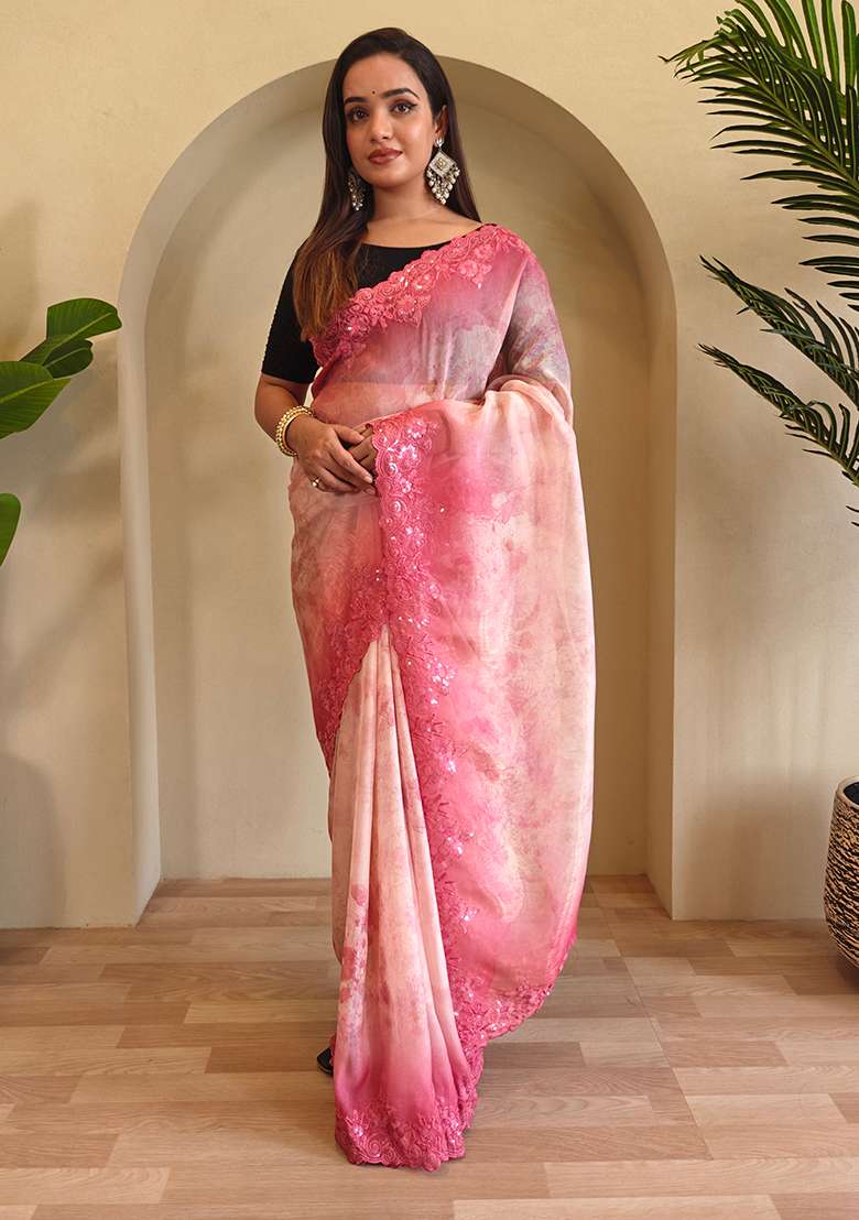 Light Pink Digital Print Pure Magicgold Organza Saree Set With Blouse - Indya