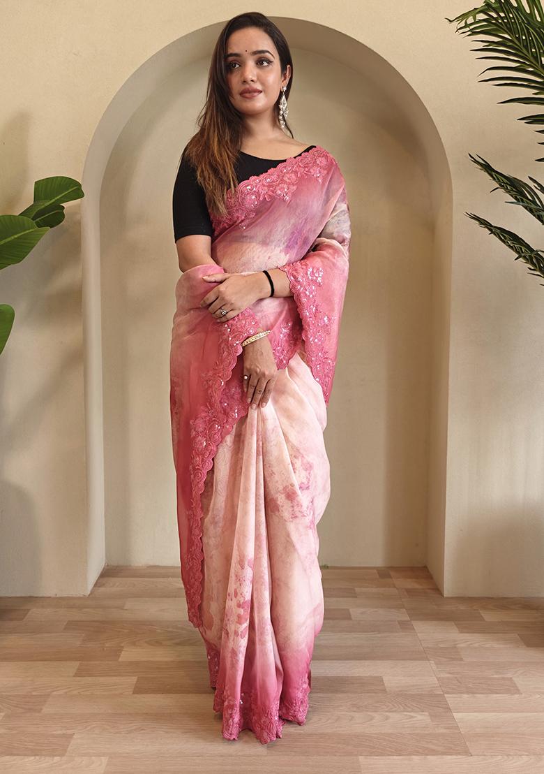 Light Pink Digital Print Pure Magicgold Organza Saree Set With Blouse