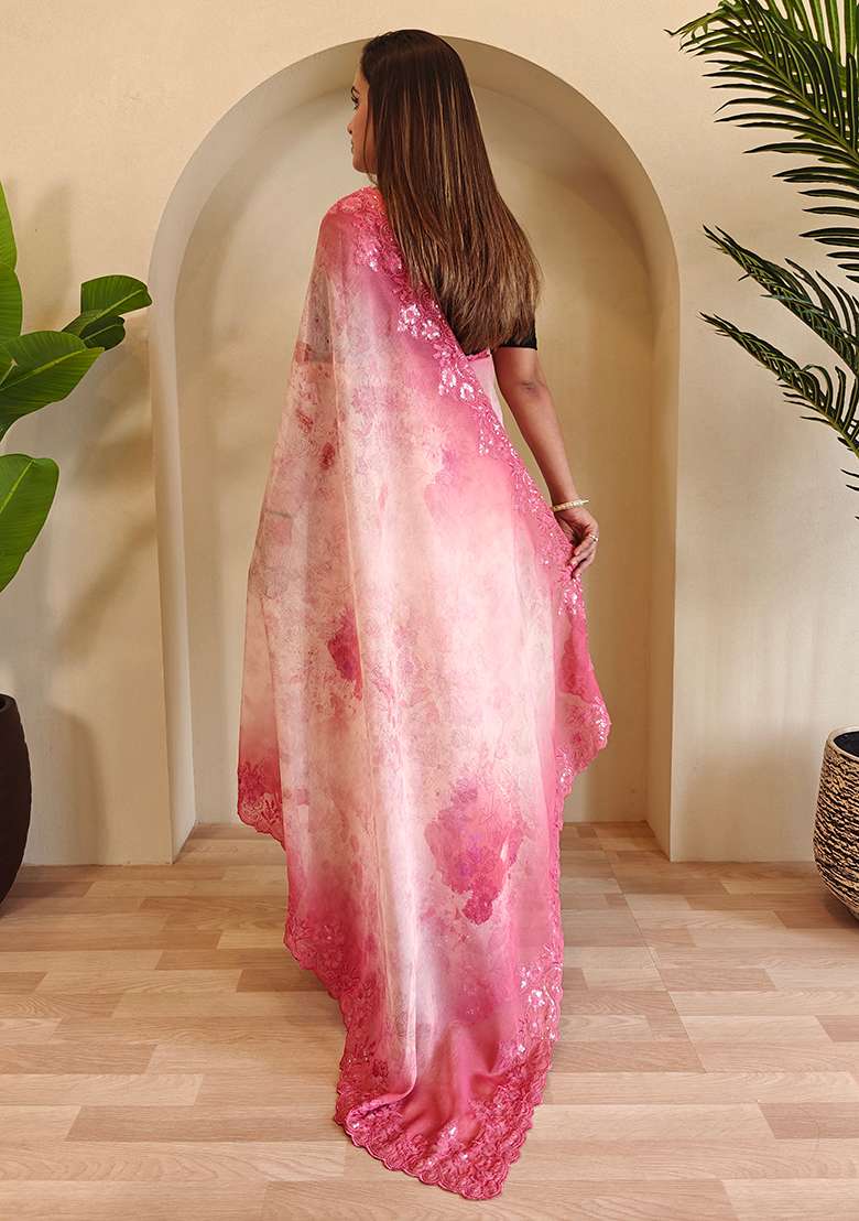 Light Pink Digital Print Pure Magicgold Organza Saree Set With Blouse - Indya
