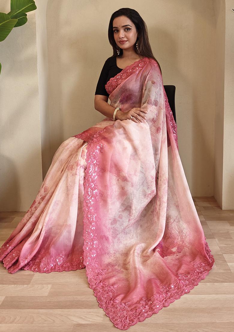 Light Pink Digital Print Pure Magicgold Organza Saree Set With Blouse