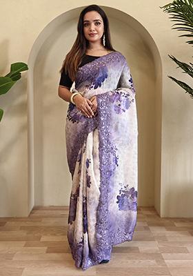 Cream And Purple Digital Print Pure Magicgold Organza Saree Set With Blouse