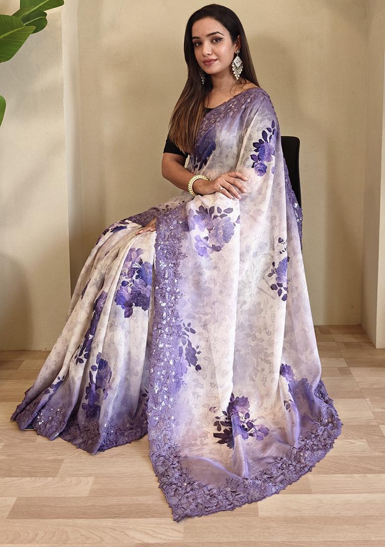Cream And Purple Digital Print Pure Magicgold Organza Saree Set With Blouse