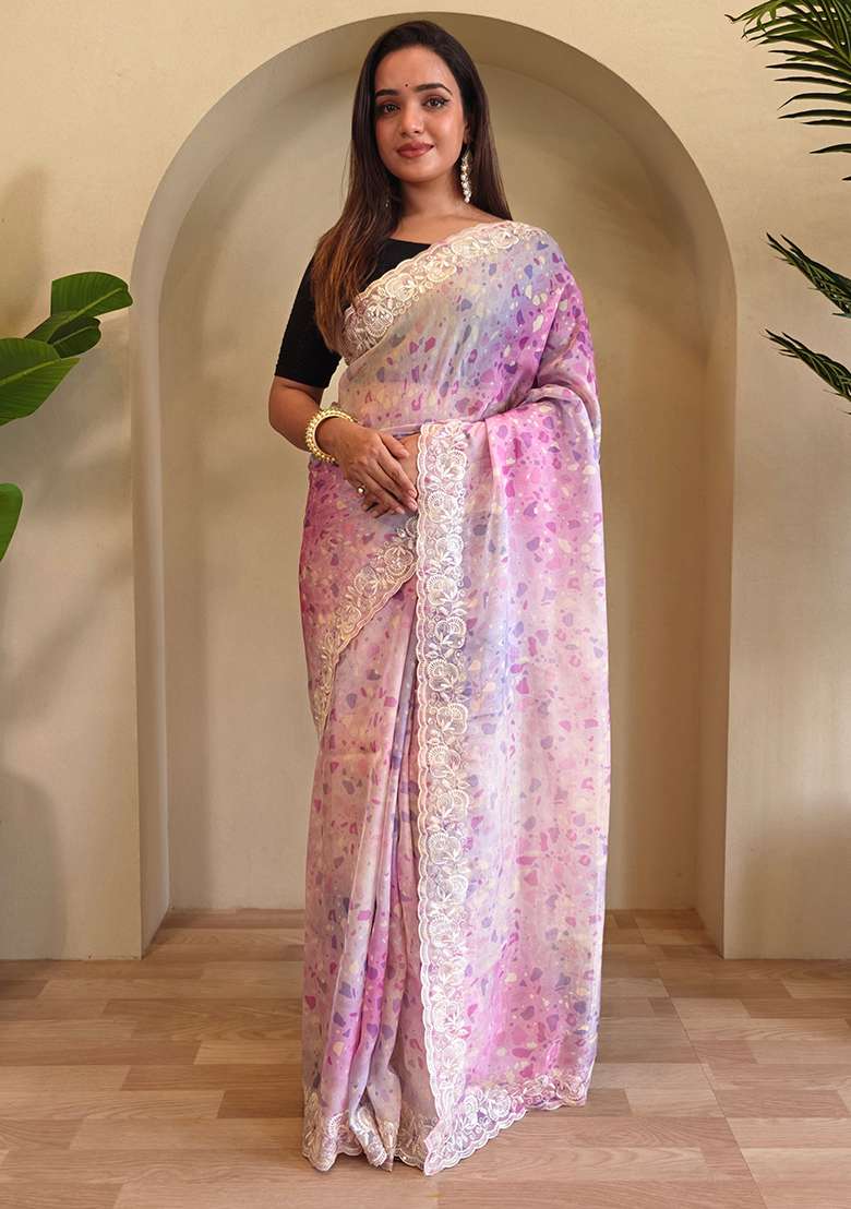 Multi Color Digital Print Pure Magicgold Organza Saree Set With Blouse - Indya