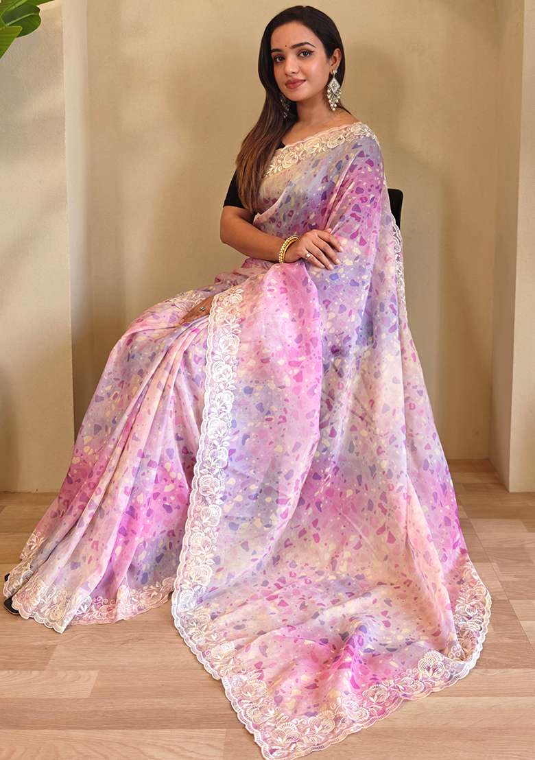 Multi Color Digital Print Pure Magicgold Organza Saree Set With Blouse - Indya